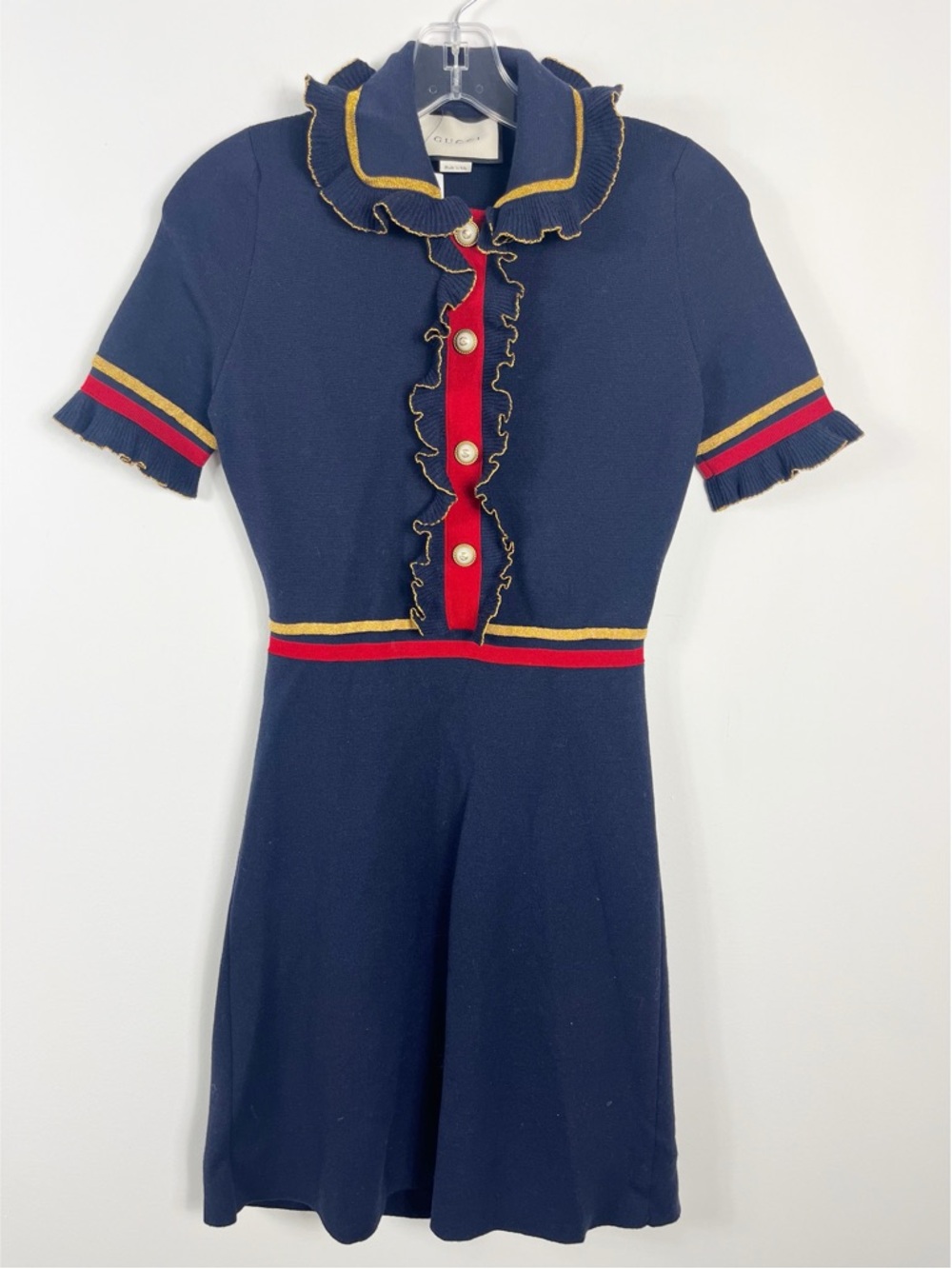 Gucci Pearl Embellished Ruffled Wool Blend Mini Dress Size Small NWT Navy - Picture 5 of 11